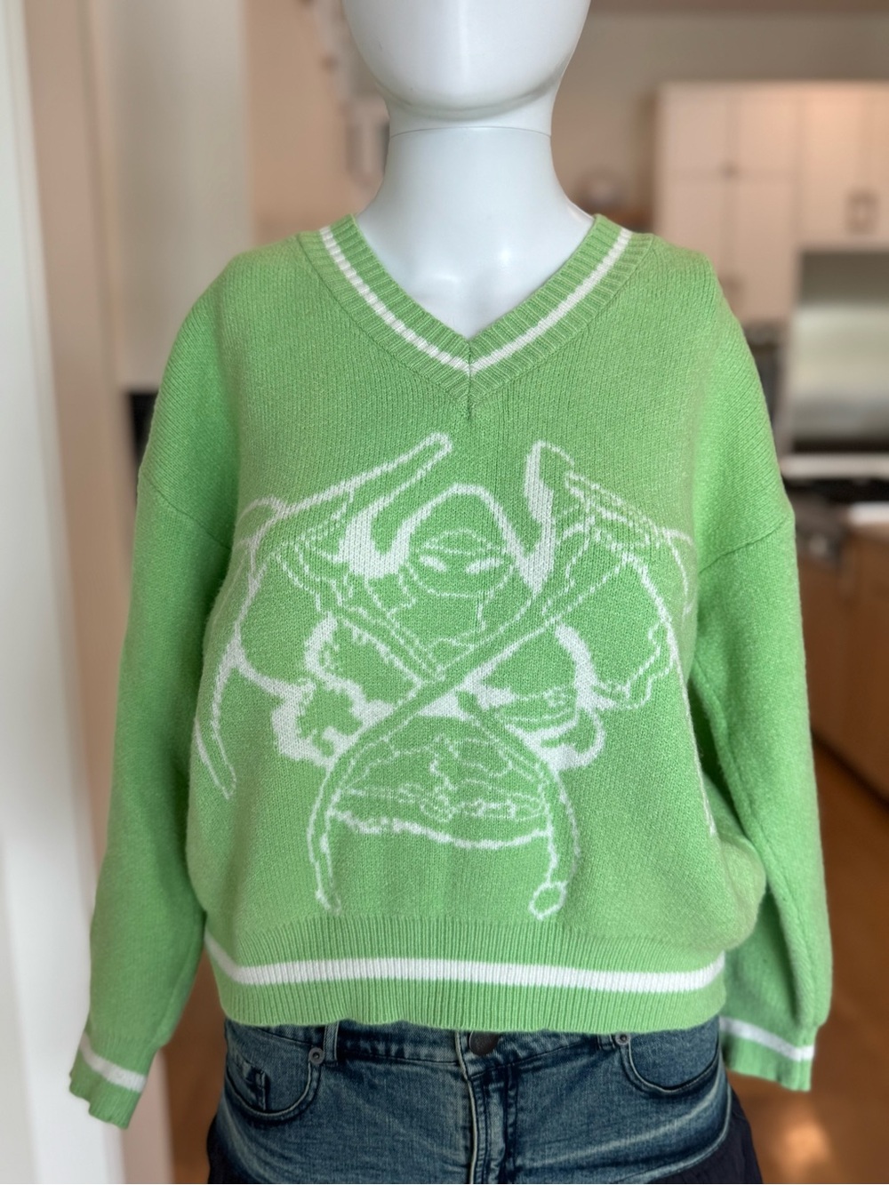 August Lemonade-The Dark One Light Green V-Neck Women's Sweater